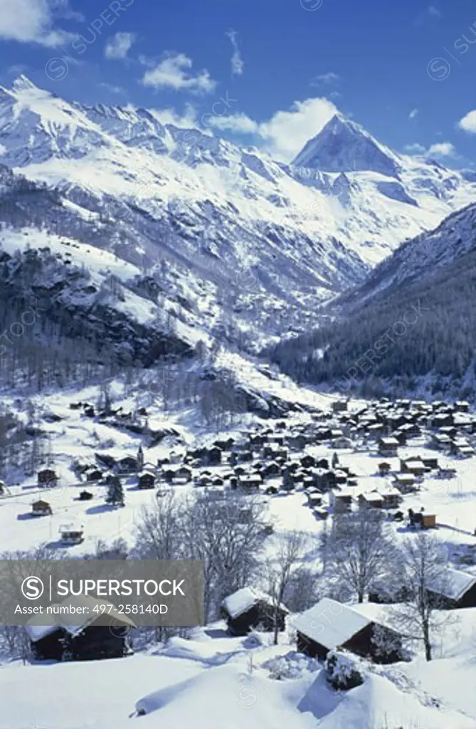 Village on a snow covered landscape, Les Hauderes, Valais Canton, Switzerland