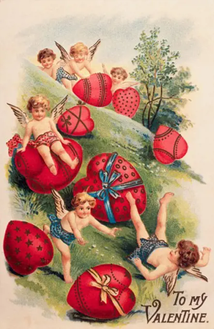 Tumbling Hearts and Cupids 1909 Nostalgia Cards 