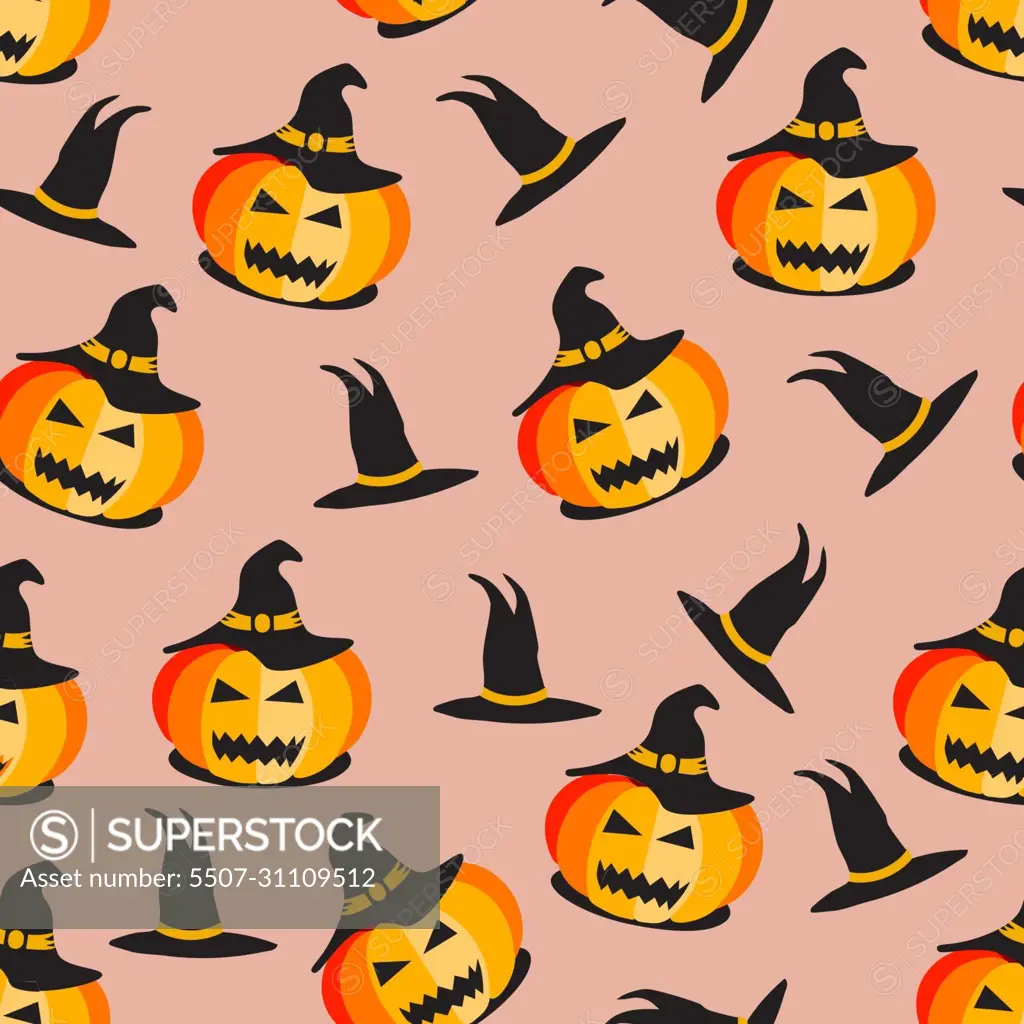 Vector seamless Halloween pattern. Halloween pumpkin background. Halloween pumpkin in a witch hat. Vector illustration.