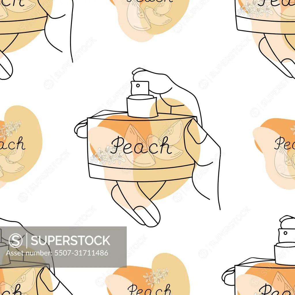 Background seamless pattern with a bottle of perfume in the hands of a girl. Orange abstract shapes with lettering Peach and peach slices.