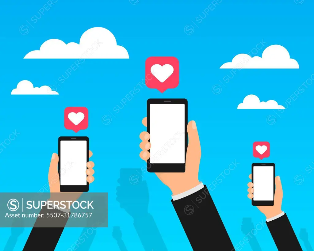 Social Media on mobile phones vector. Hands holds smartphones with social media