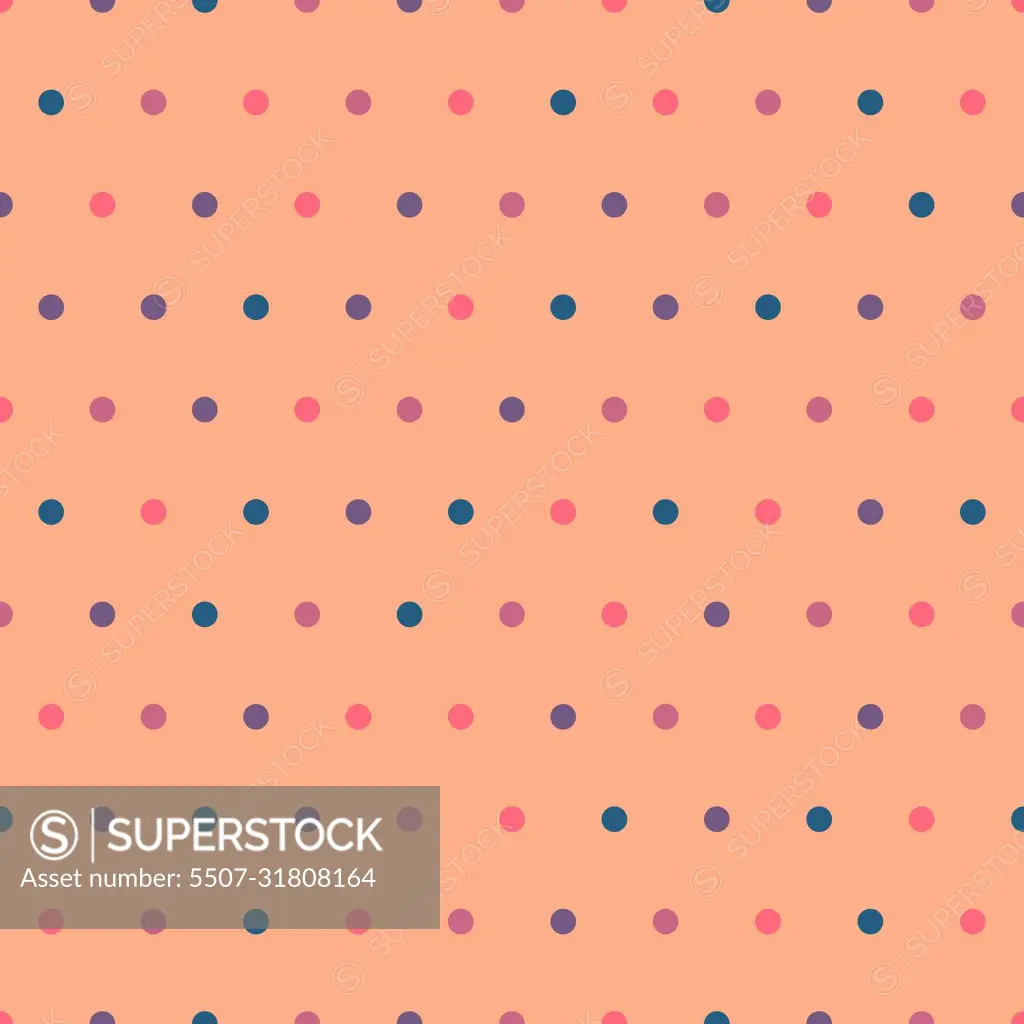 Colorful polka dot seamless pattern on peach orange background . Cute circles vector pattern in trendy vintage colors.