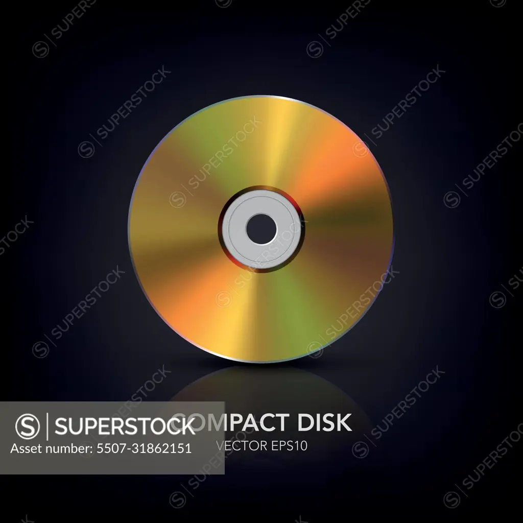 Vector 3d Realistic Golden CD, DVD on Black with Reflection. CD Design Template for Mockup, Copy Space. Compact Disk Icon, Front View