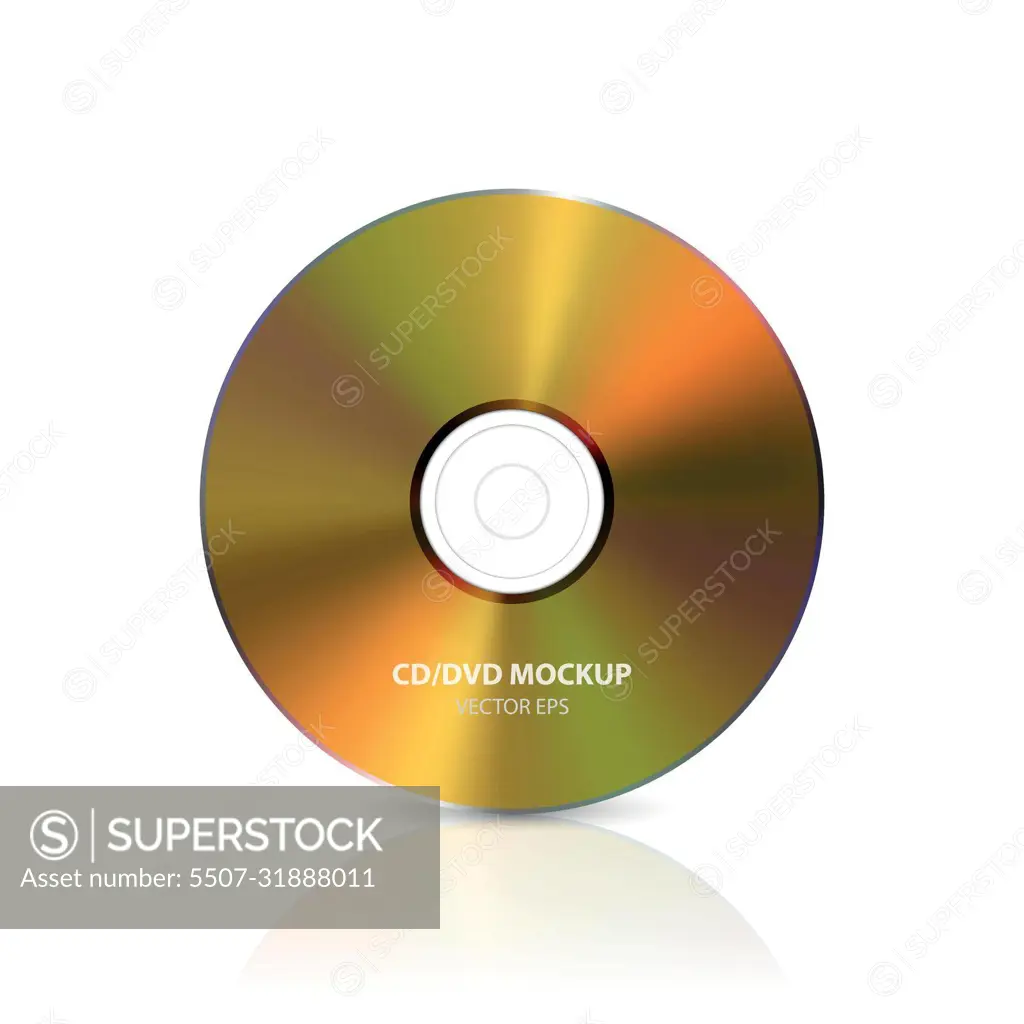 Vector 3d Realistic Golden CD, DVD on White with Reflection. CD Design Template for Mockup, Copy Space. Compact Disk Icon, Front View