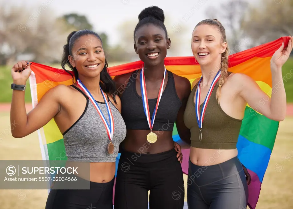 The olympics is for everyone. Cropped portrait of three attractive young female athletes celebrating their teams victory.