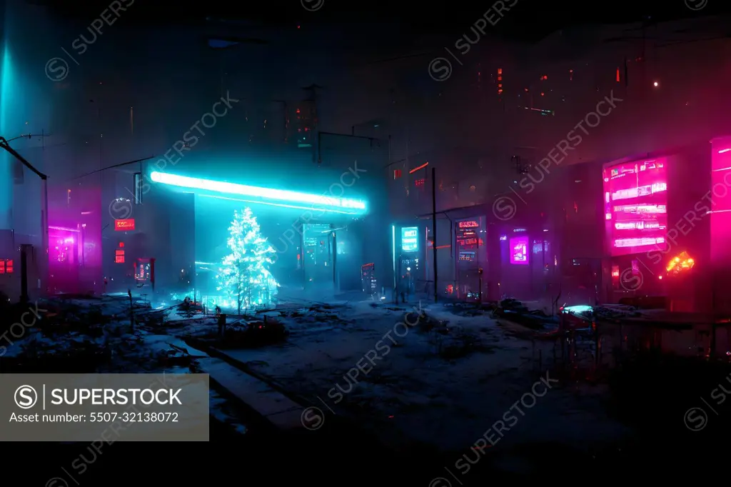 cyberpunk neon illuminated city street at christmas night, neural network ai generated art