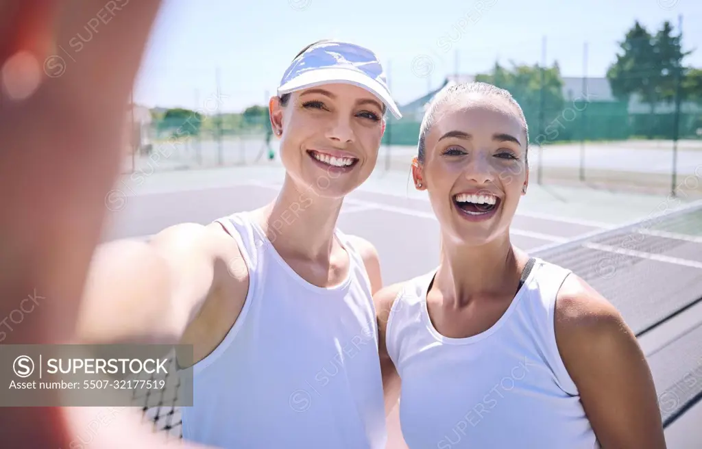 Selfie taking team of female tennis players on the court after a game, match or tournament portrait. Fit sporty teammates, athletes or professionals relax after being active, exercise and training