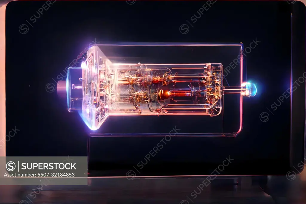 hight-tech plasma quantum computer tube with glowing energy inside, neural network generated art