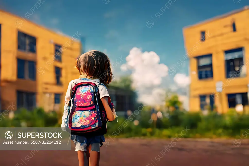 Back facing little girl with backpack looking at school building at sunny summer day, neural network generated image.