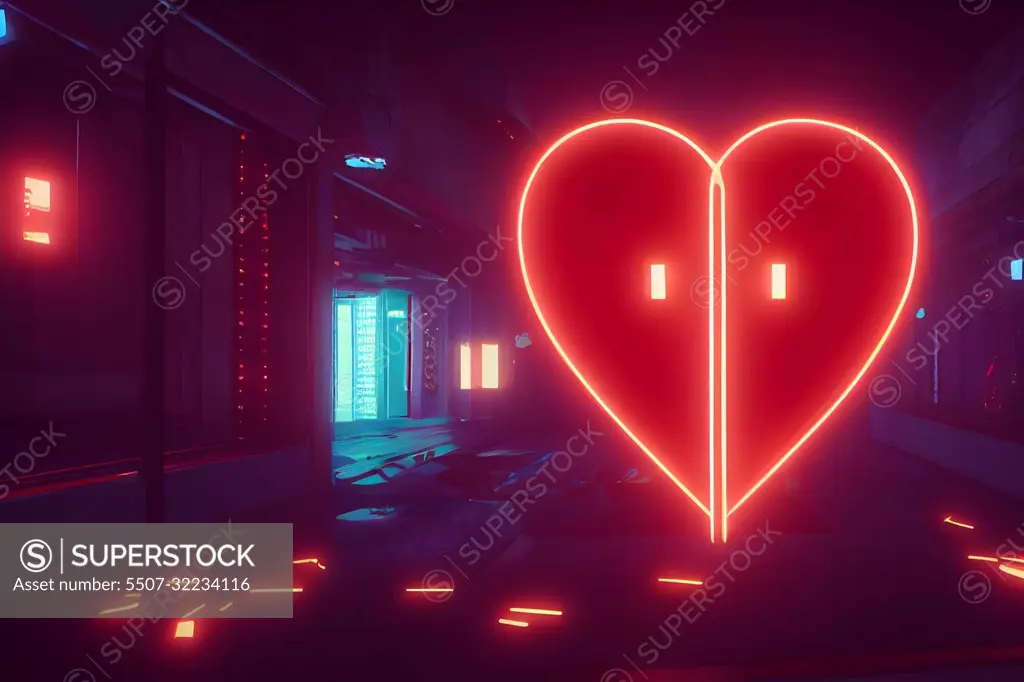 large red glowing heart on the wall in night club with dim lights, neural network generated art