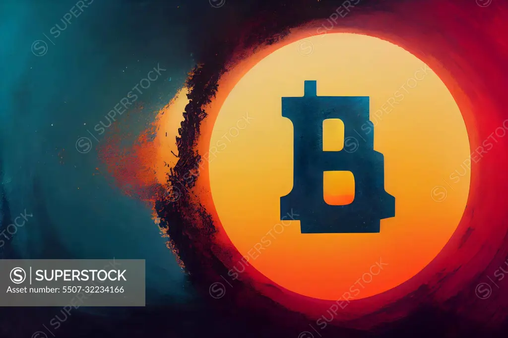 bitcoin sign as black letter B on yellow circle background, neural network generated art painting