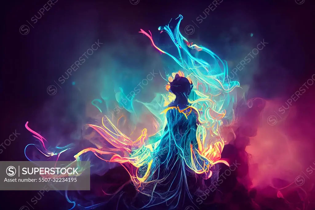 dreamy unrecognizable woman silhouette with colorful neon fumes, neural network generated art