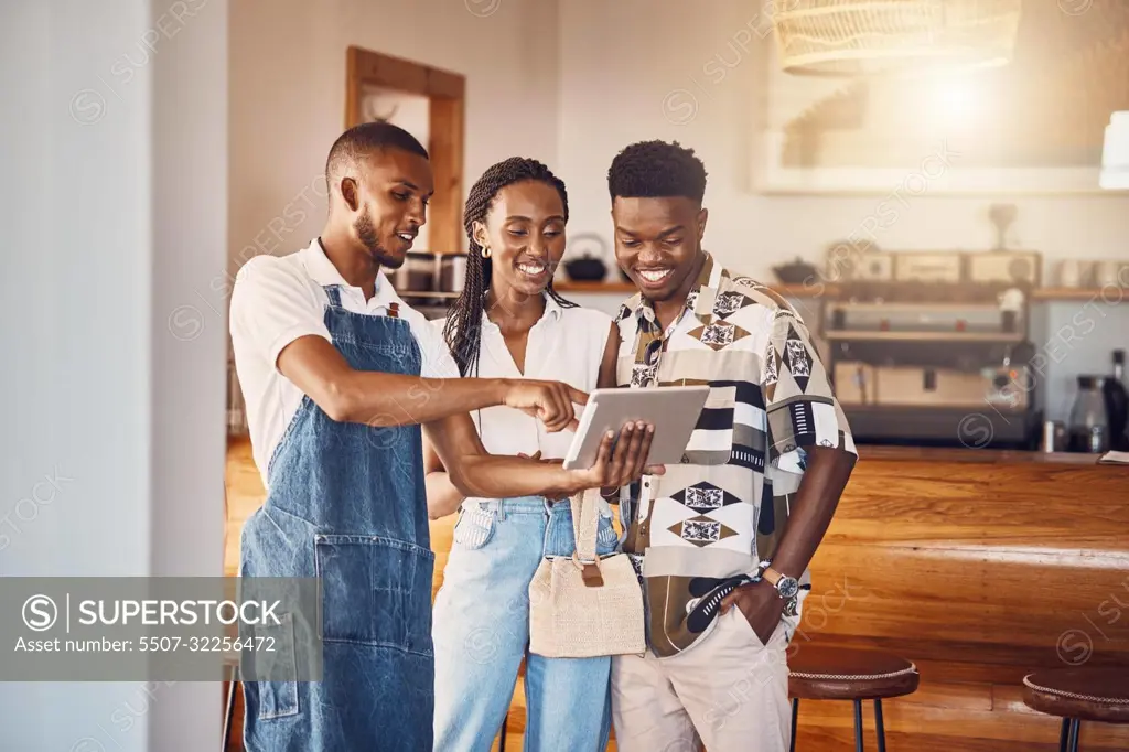 Restaurant owner working on digital tablet to plan and discuss business budget with investors. Startup business, entrepreneur and man leader showing happy customers the food menu on technology.