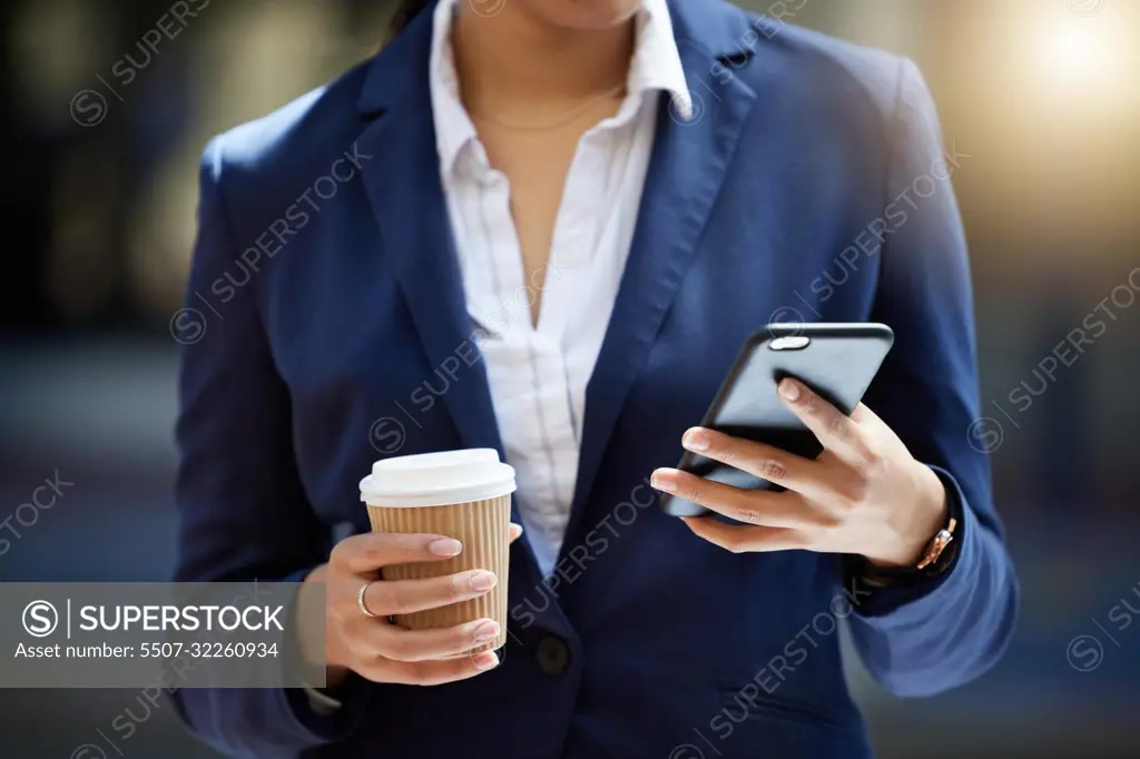 Coffee break and phone in hands of a business woman reading email, online internet notification or communication for contact us background. Corporate marketing professional worker with a cellphone