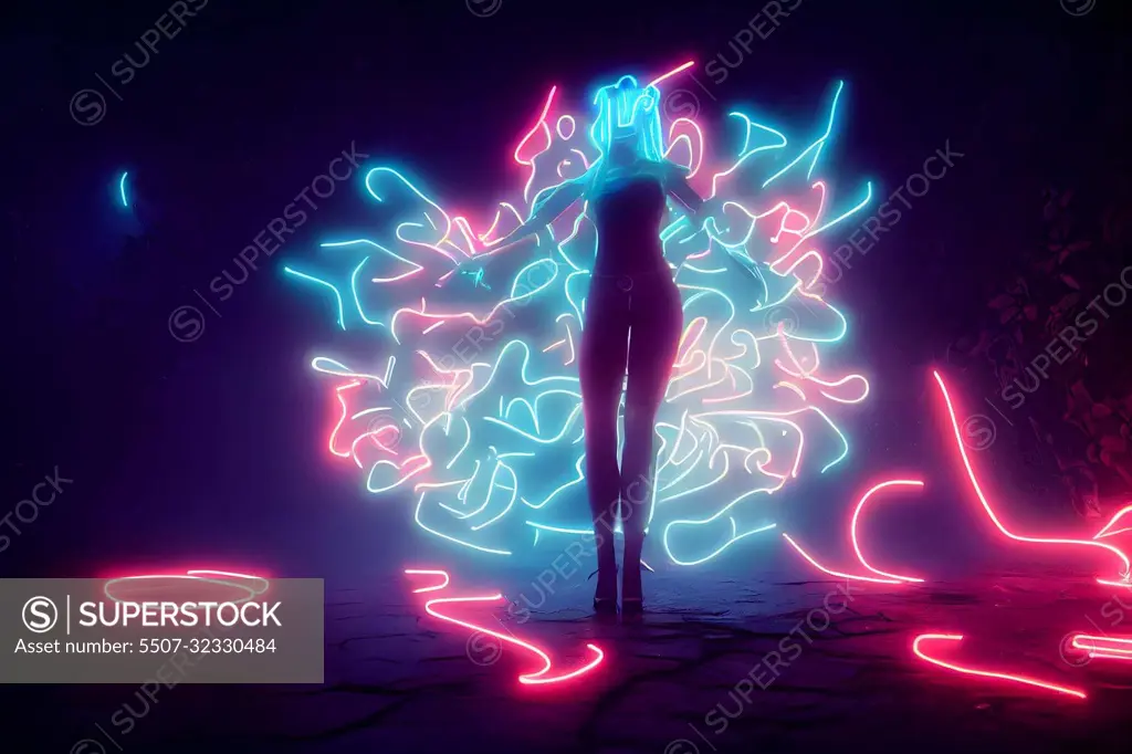 dreamy unrecognizable woman silhouette with colorful neon fumes ans conical witch hat , neural network generated art