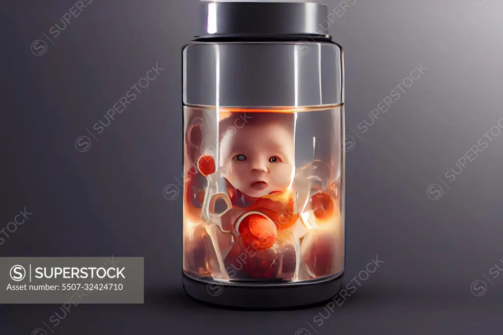 human baby embyo inside incubator breeding tank on gray background, ectogenesis concept, neural network generated art