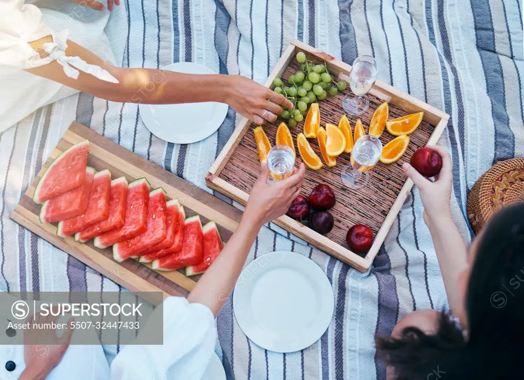 Hands, picnic and fruits of friends with wine at park eating and drink luxury, nutrition and grape celebration champagne in summer. Women, family or people celebrate with healthy diet food top view