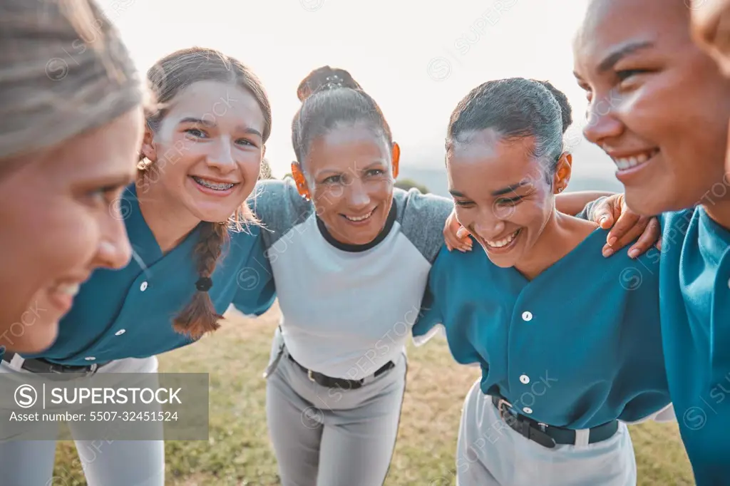 Teamwork, support and sports with women baseball athlete in planning crowd for collaboration, community and strategy. Vision, motivation or training with group of softball player for success exercise