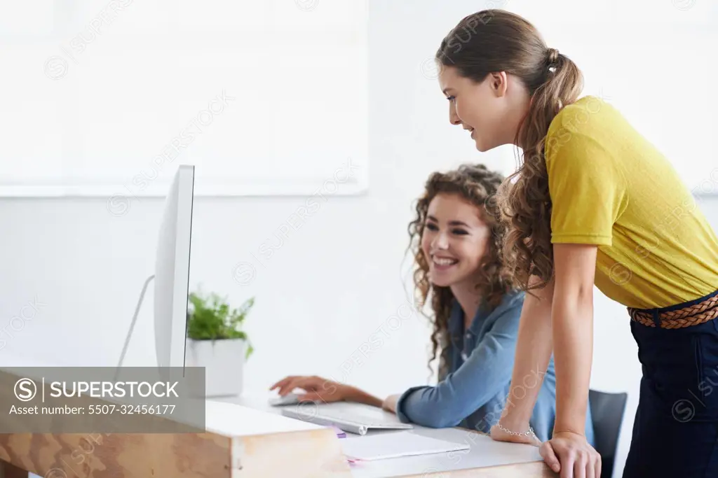 It all looks good. Two colleagues working on the computer together.