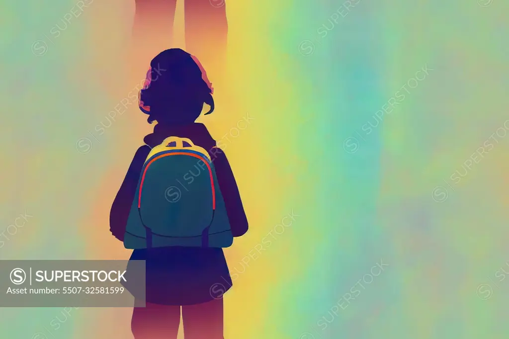 Back facing little girl with backpack looking at school