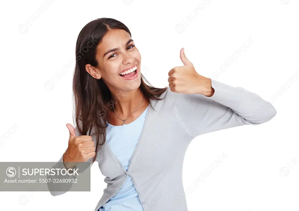 Happy, thumbs up and portrait of a woman with emoji for winning, success and thank you for support or vote. Excited female with yes or like for deal, sale or discount isolated on a white background