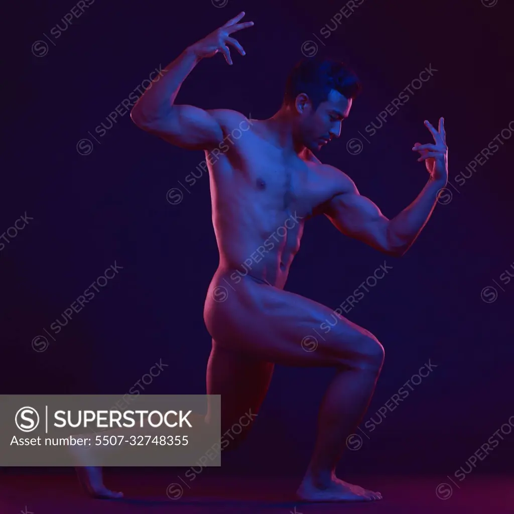 Nude, art and art with a strong asian man in studio on a dark background  for artistic and sexy body. Skin, natural and muscle with a handsome young  male model posing naked