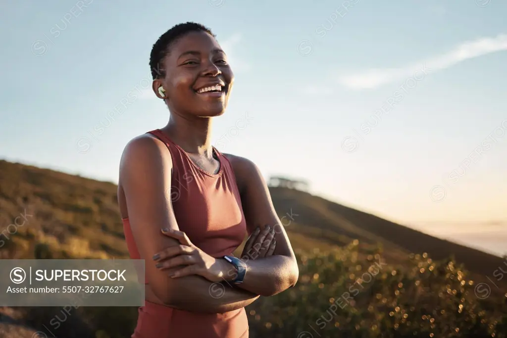 Portrait, black woman and arms crossed outdoor, exercise or fitness for wellness, health or smile. Nigerian female, girl and athlete rest, nature and workout for training, sports or practice to relax