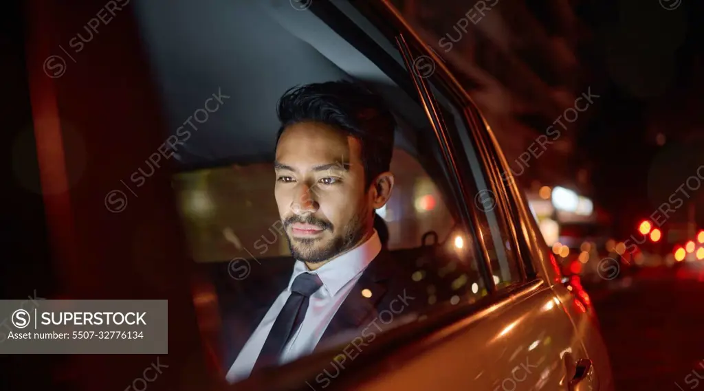 Night, travel and business man in car relaxing, commuting and traveling after working. Transport, road and young male professional, passenger or businessman sitting in vehicle, motor or taxi in city.