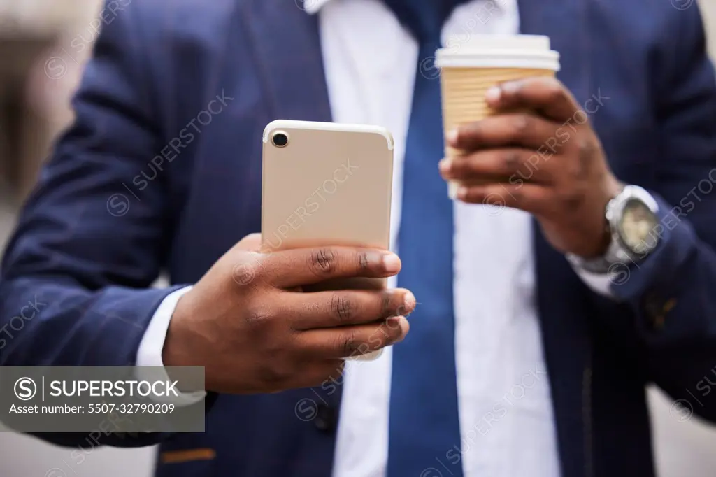 Businessman, hands and coffee with phone for communication on email, social media or networking. Travel, 5g and corporate black man on work commute with mobile app connection and latte drink.