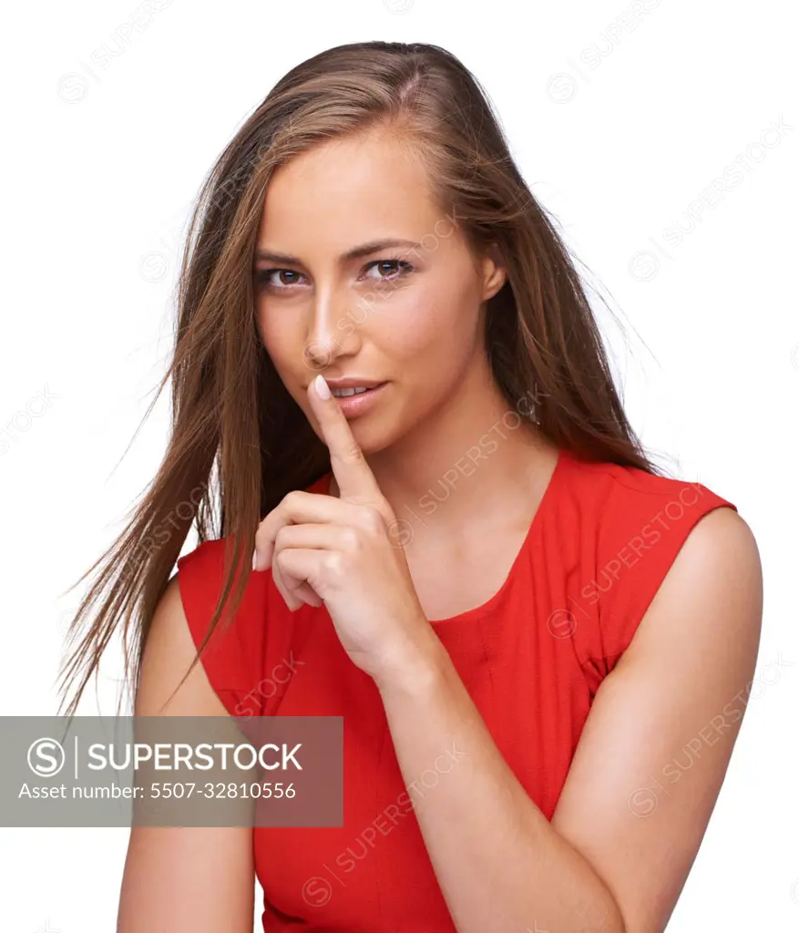 Woman, finger and lips in studio portrait with sexy, secret and flirt  gesture by white background. Model, face and hand sign for silence, quiet  and isolated with red, fashion dress and natural