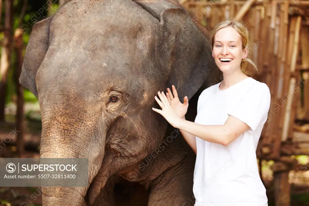 Getting close - Thailand. Portrait of a young eco-tourist gently petting a young Asian elephant.