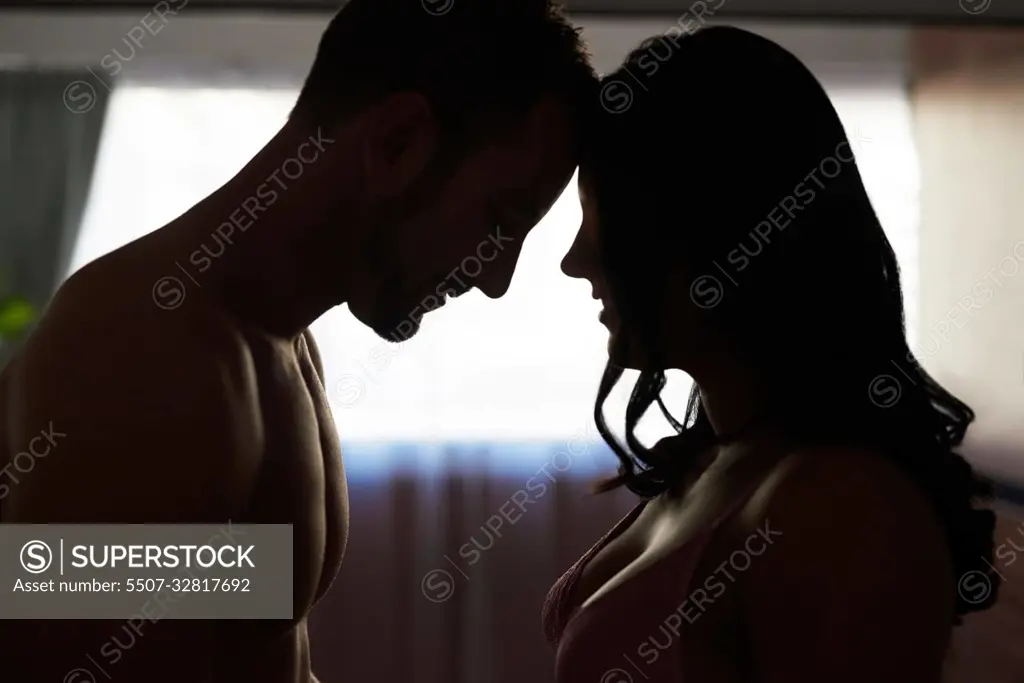 In the shadow of love. an affectionate young couple about to kiss in their bedroom.