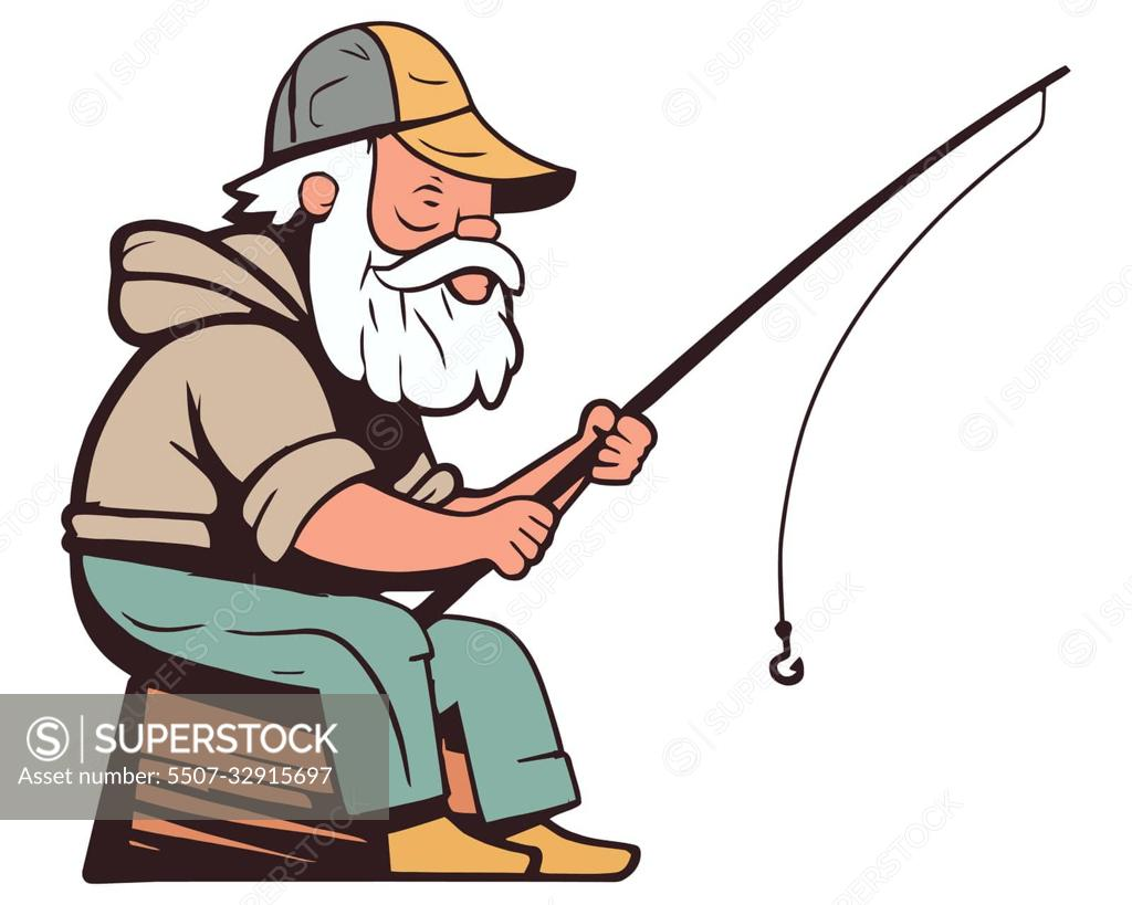 the character of an old man in a cap sits with a fishing rod and fishes