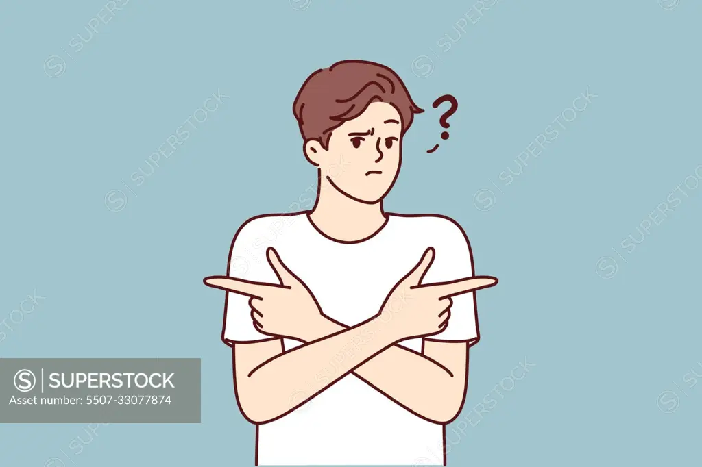 Puzzled man pointing fingers in different directions doubtful trying to accept difficult decision