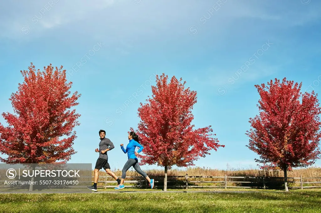 Enjoying the view and their healthy journey together. a sporty young couple exercising together outdoors.