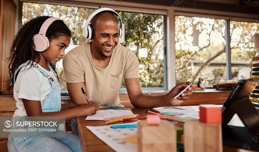 Headphones, black family and kid with online audio streaming, language learning and translation service for support. Happy father with girl child listening on tablet app for webinar or video call