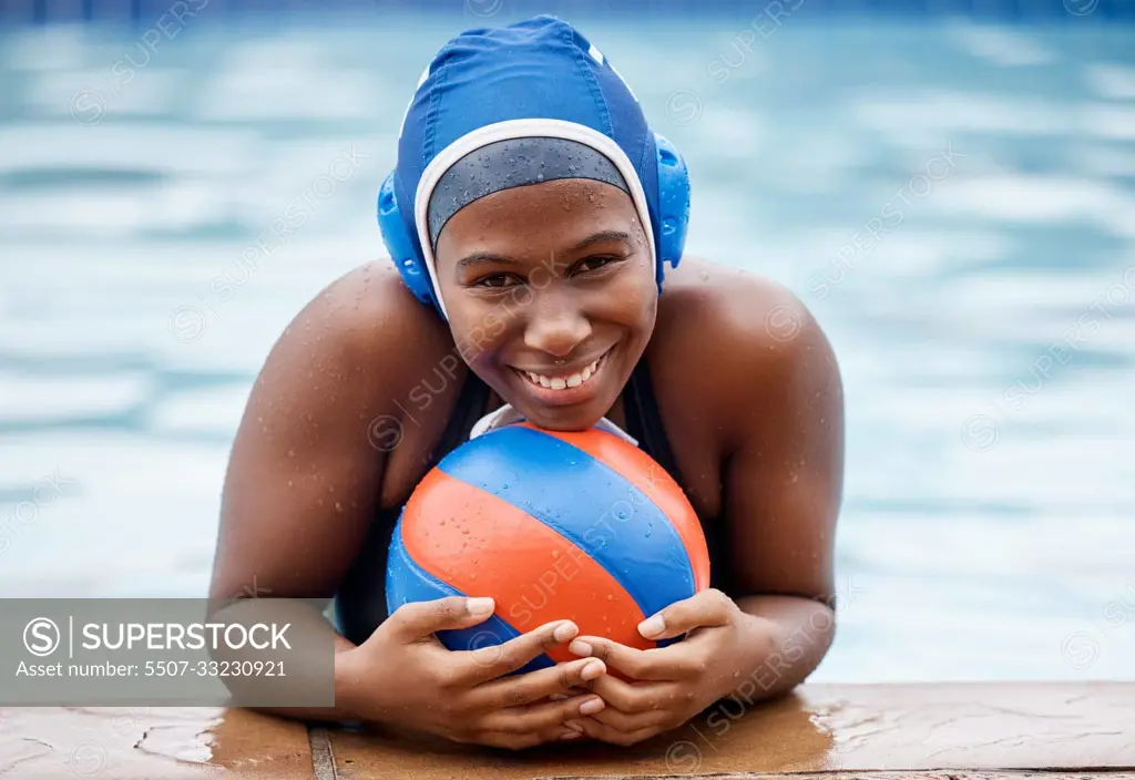 Sport, black woman in a pool with cap, portrait and swimming lesson for fitness, training and smile. Face, African American female and happy athlete with a ball, swimming and practice for competition