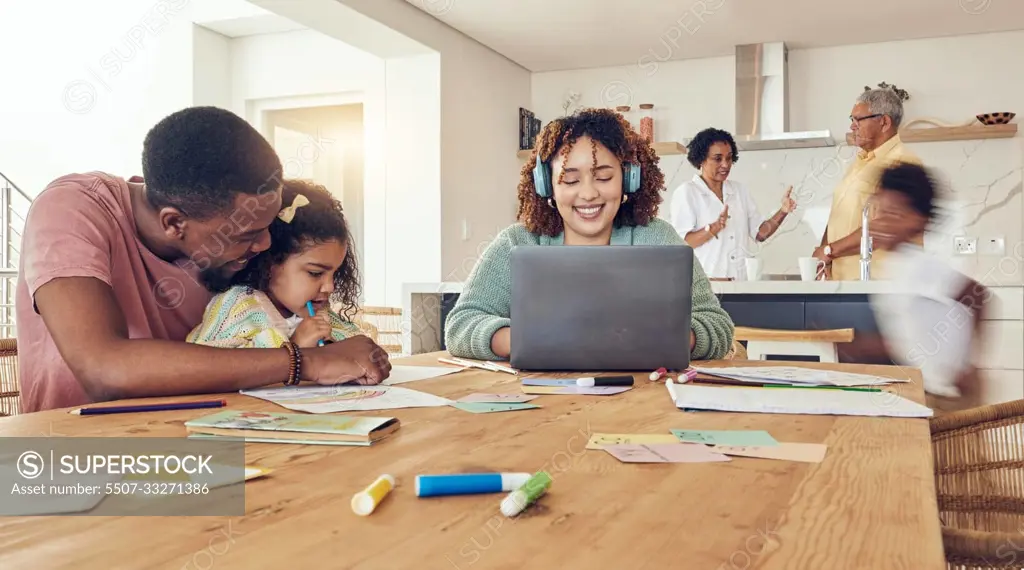 Black family, education and learning on busy dining table together for childhood development at home. Happy dad helping daughter with homework while mother is working on laptop in the living room