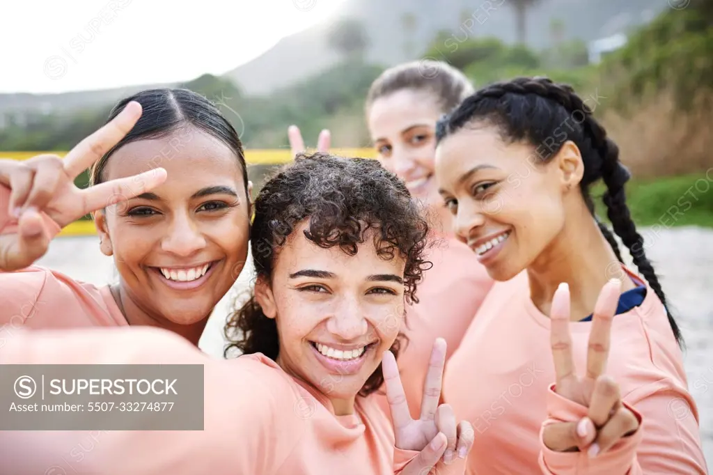 Selfie portrait, volleyball and women with peace sign on beach for sports game, match and competition. Friends, teamwork and happy girl athletes smile in picture for training, practice and fitness