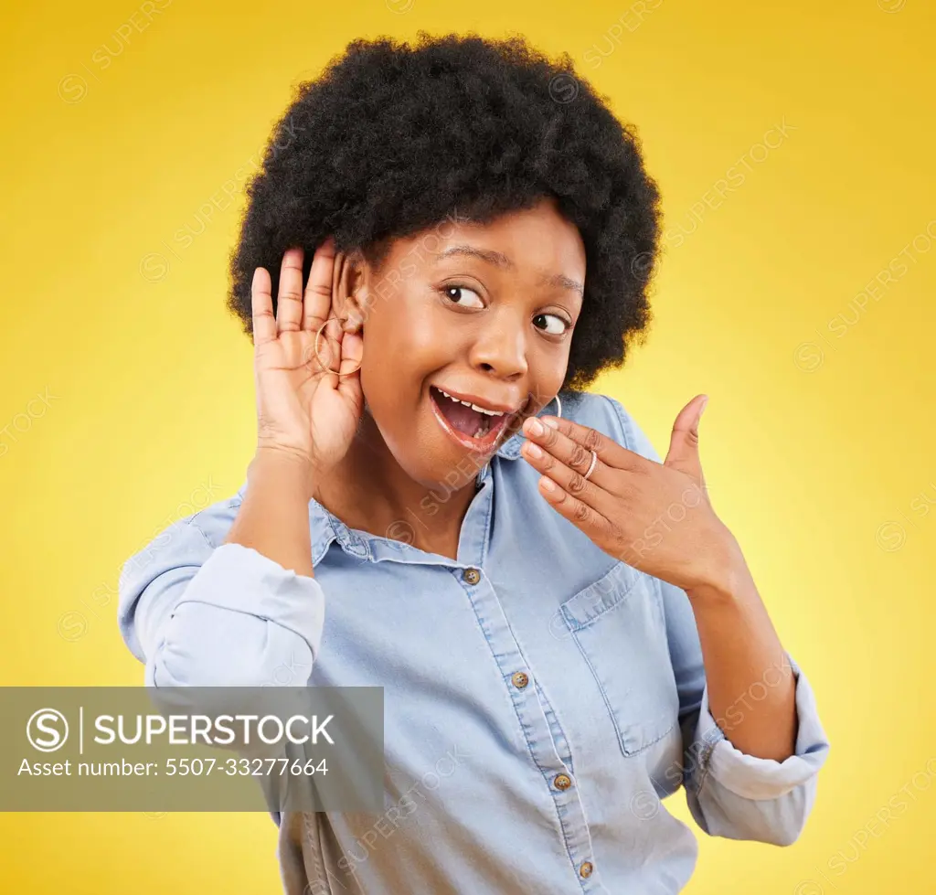 Surprise, gossip and black woman listening in a studio with a wow, wtf or  omg face expression. Secret, shock and curious African female model with an  afro with a listen gesture by