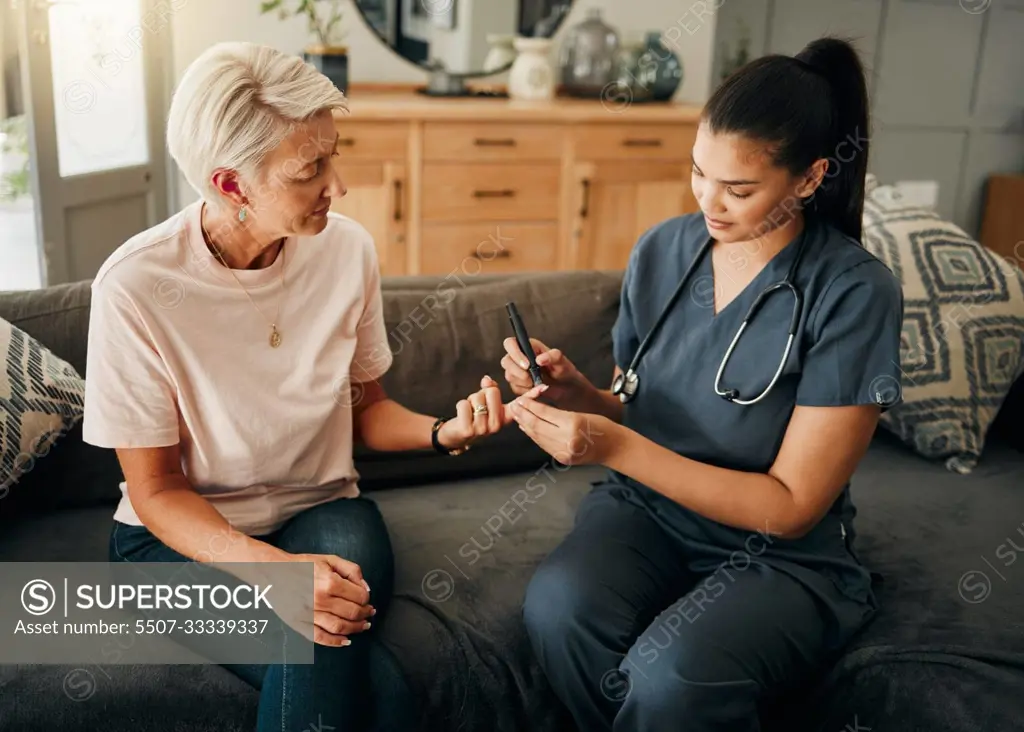 Diabetes, healthcare nurse and elderly woman finger doing blood test, sugar or medical test with a glucometer. Insurance doctor, health or diabetic senior lady consulting her glucose wellness at home