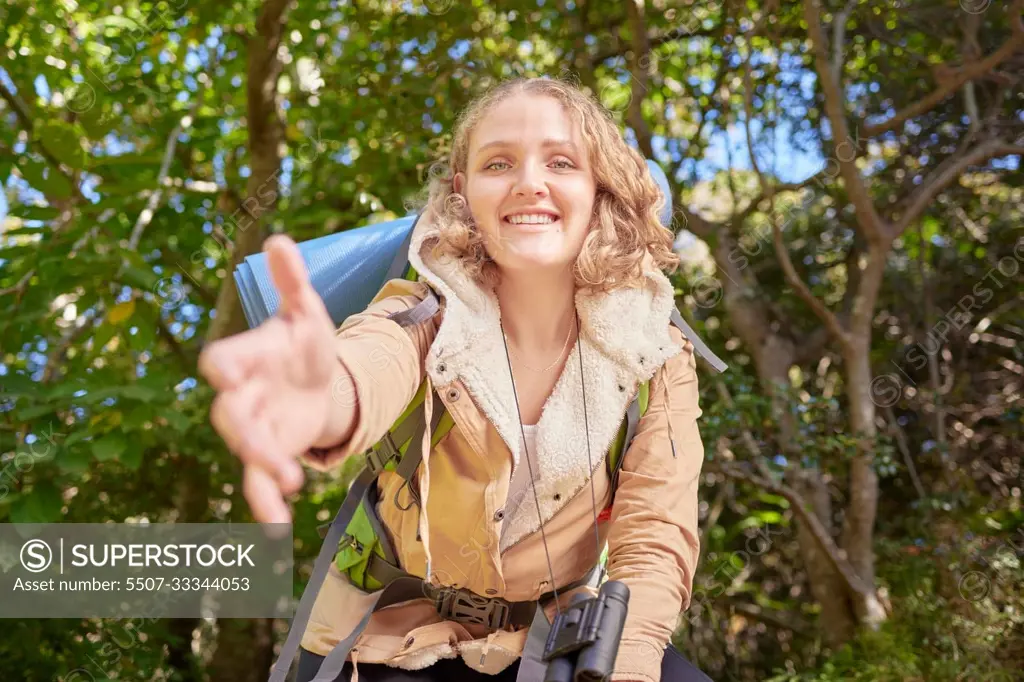 Hiking Woman. Happy Hiker Girl With Backpack Trekking In Forest