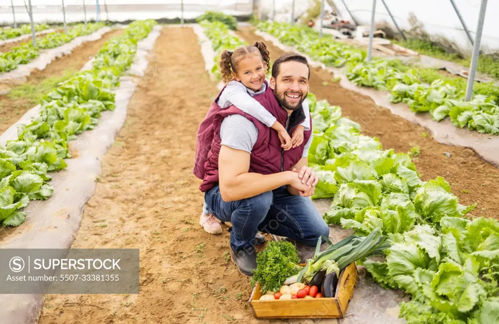 Child, father or farmer farming vegetables in a natural garden or agriculture environment for a healthy diet. Smile, dad and happy girl love gardening and planting organic food for sustainability