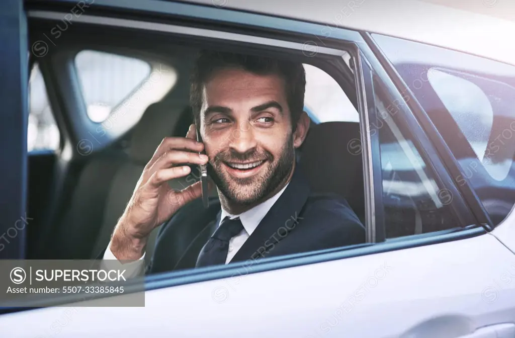 Phone call, travel and business man in car, thinking and speaking on journey. Cellphone, taxi and male professional calling, smile and communication, discussion or conversation in motor transport.