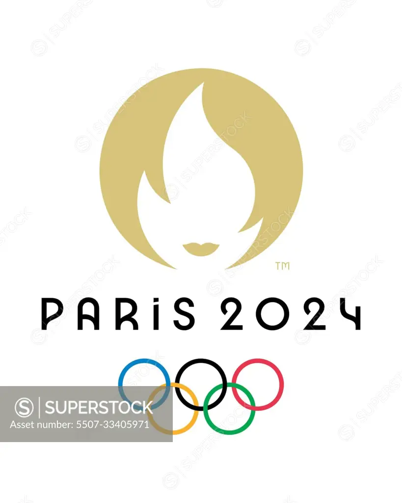 Kyiv, Ukraine - 07 June 2023: Official logo of Olympic Games 2024 in Paris, France. Formal symbol of Summer Olympics Games - rings with golden fire. Vector illustration isolated on white background.