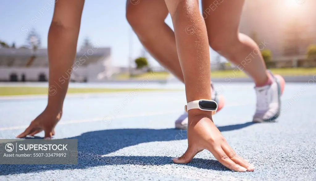 Woman athlete, runner and start training, fitness and exercise for race, marathon and running on track outdoor. Sports, challenge and speed with sport person with cardio for competition at olympics