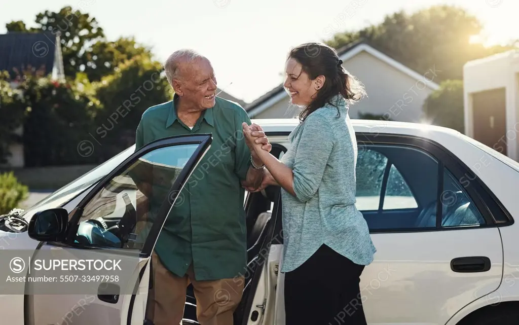 Car, help and caregiver with senior man for assisted living, retirement care and rehabilitation. Travel, transportation and happy woman helping elderly male person from motor vehicle for service