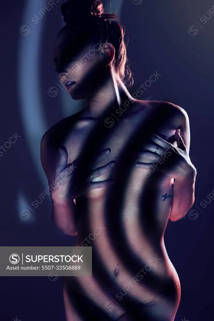 Black On White Nude Girls - Stripes, beauty and naked woman in studio for sexual desire, erotic art and  body wellness on black background. Creative light, fashion and torso  silhouette of nude girl in black and white aesthetic -