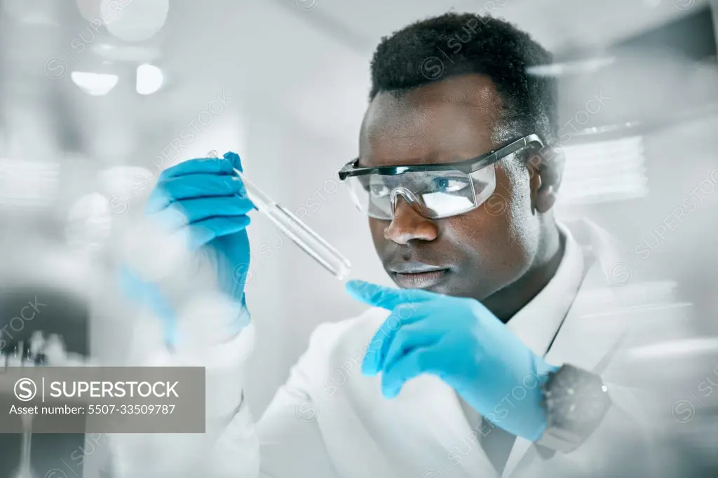 Doctor, test tube or black man in science laboratory on DNA research, medical and medicine data analysis. Covid, healthcare doctor or nurse for health, cancer innovation or virus test study in clinic