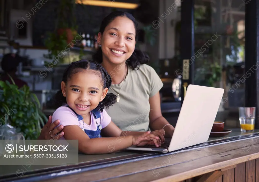 Portrait, black family in cafe and laptop for communication, weekend break and connection. Love, mother and daughter in coffee shop, search internet or website for online reading and bonding together